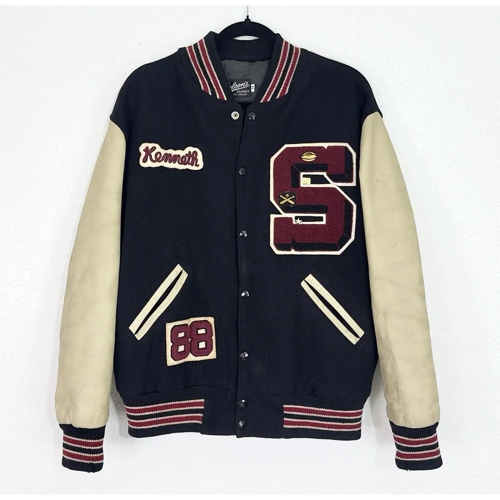 Nelson's Jackets Vintage Varsity Letterman Jacket Black Leather Wool Mens L 88s